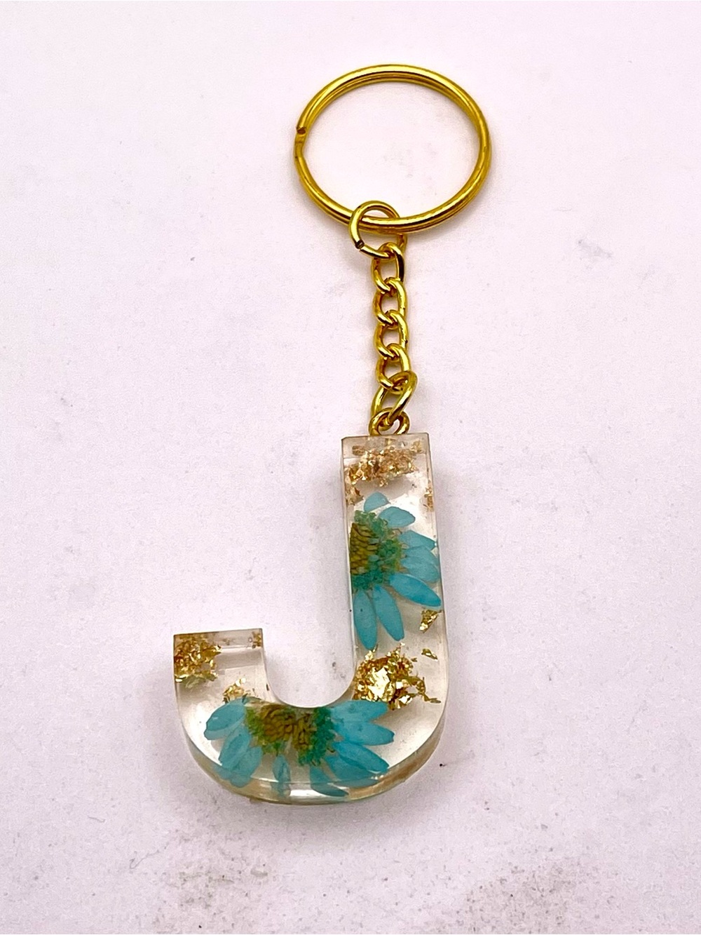 Custom Floral Resin Letter "J" Keychain with Gold Flakes